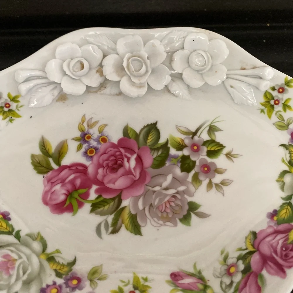 Vintage White Floral Dish with Pink Rose Accent